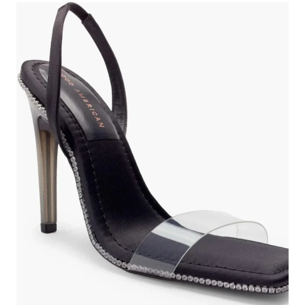Good American Crystal Crush Lucite Rhinestone Sandals In Black Size 7.5 New